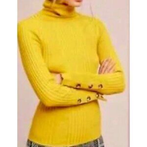 Moth Anthropologie Ribbed Mustard Yellow Turtleneck Sweater Button Cuff Detail S